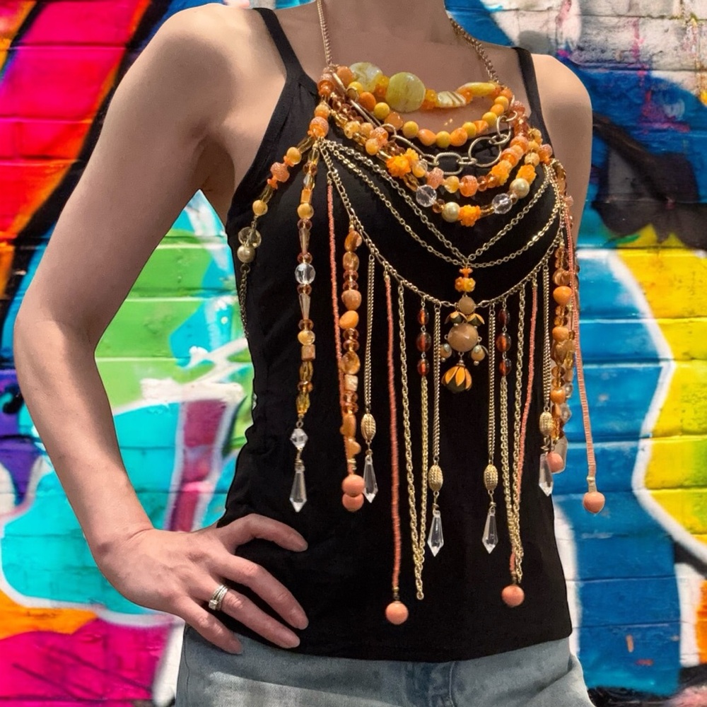Handmade Orange Beaded & Chain Fringe Halter Top Festival Gold Tone Upcycled
